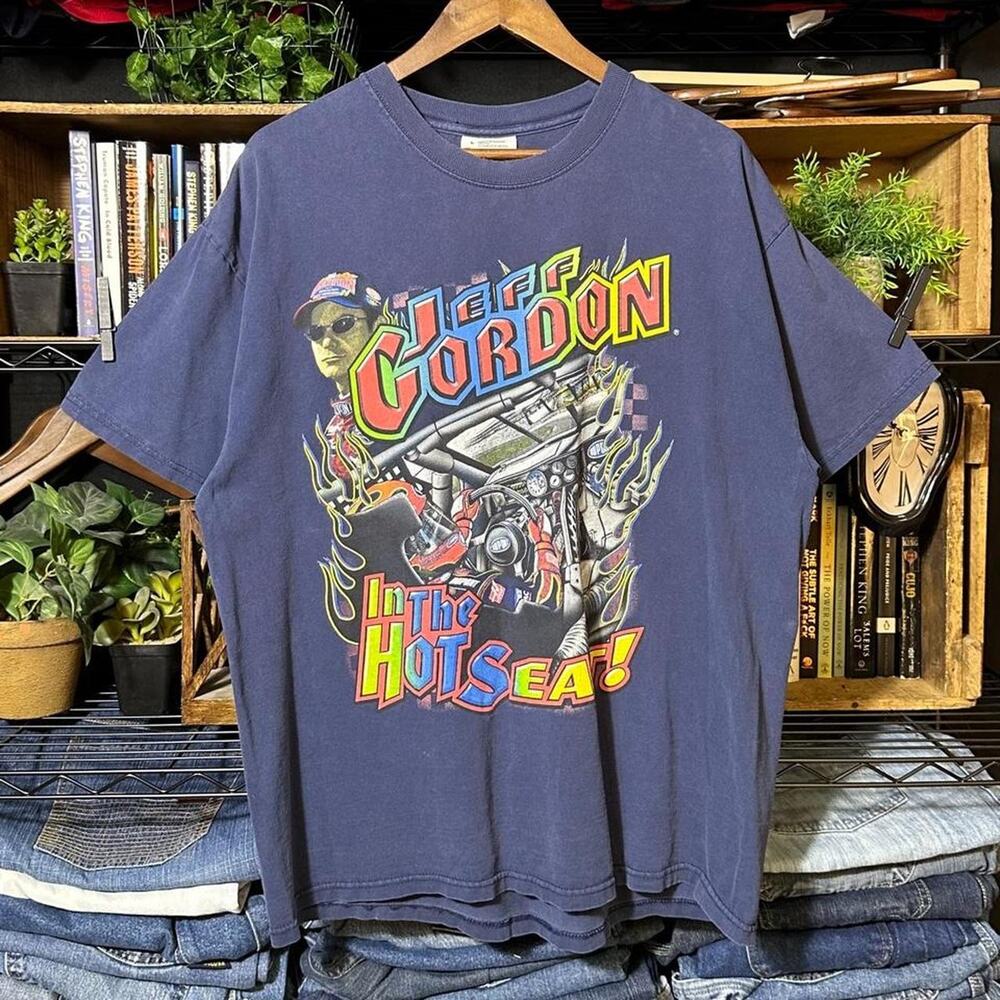 Vintage Y2K Jeff Gordon NASCAR AOP Tee Mens Large Faded Navy Blue Racing Shirt
